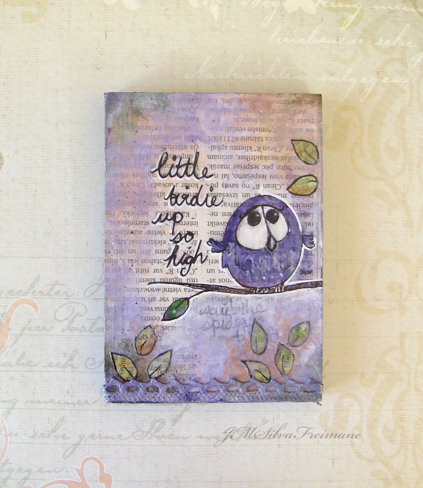 Whimsical bird mixed media painting on a woodblock