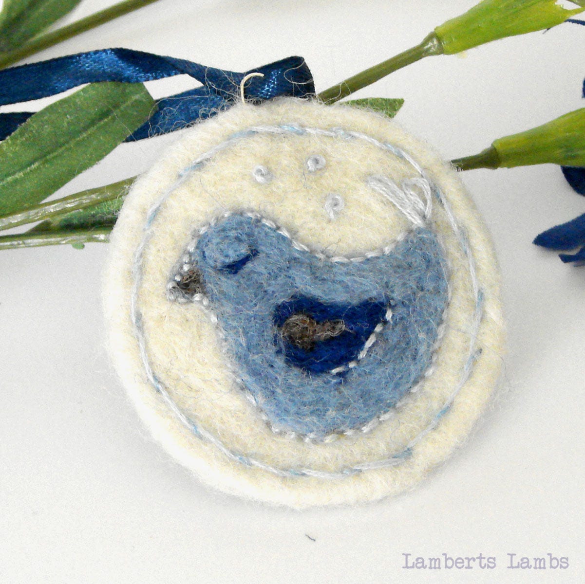 Needle felted and embroidery blue bird hanging decoration