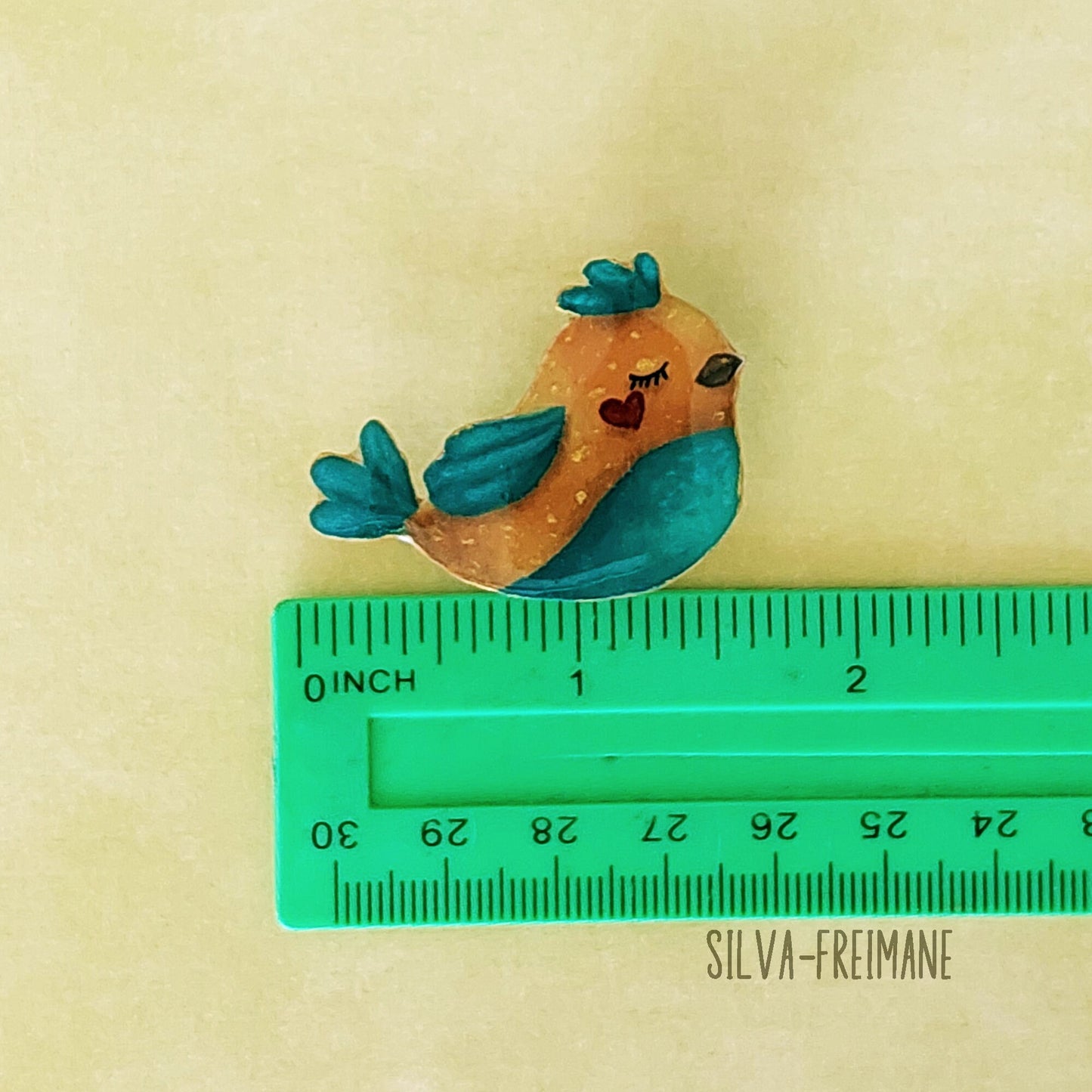 Modern hand painted Yellow and green Bird Brooch created on shrink plastic