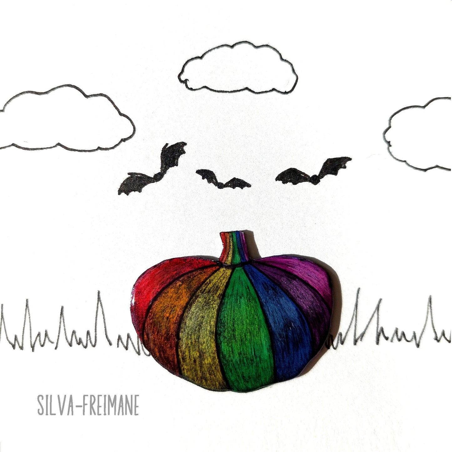 Cute handmade Dark Rainbow Pumpkin in shrink plastic pin