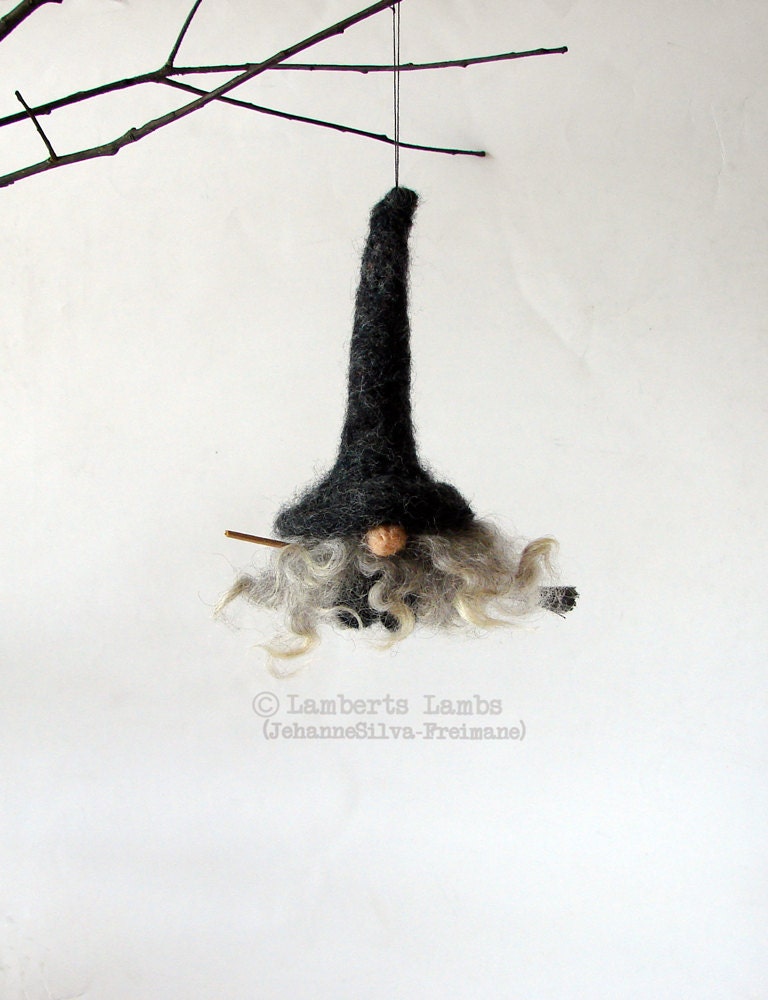 Needle Felted Gnome Witch Flying on a Broom, kitchen witch, Needle felted gnome, Needle Felted Witch