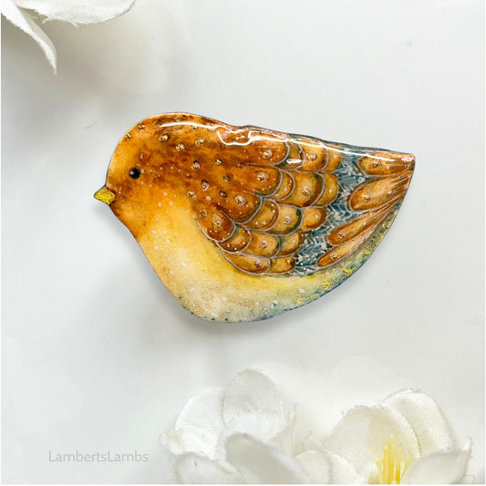 Hand painted bird brooch in shades of brown