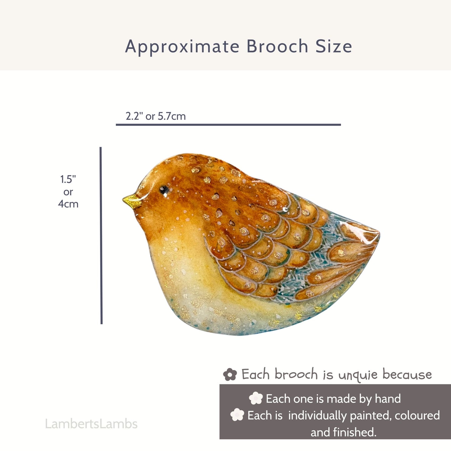 Hand painted bird brooch in shades of brown