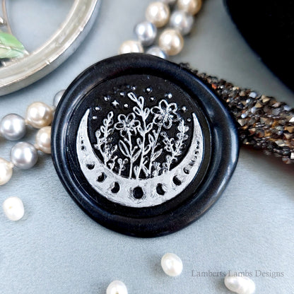 Black wax seal stickers with moon and flowers, Premade wax seals, Self-adhesive wax seal stickers.