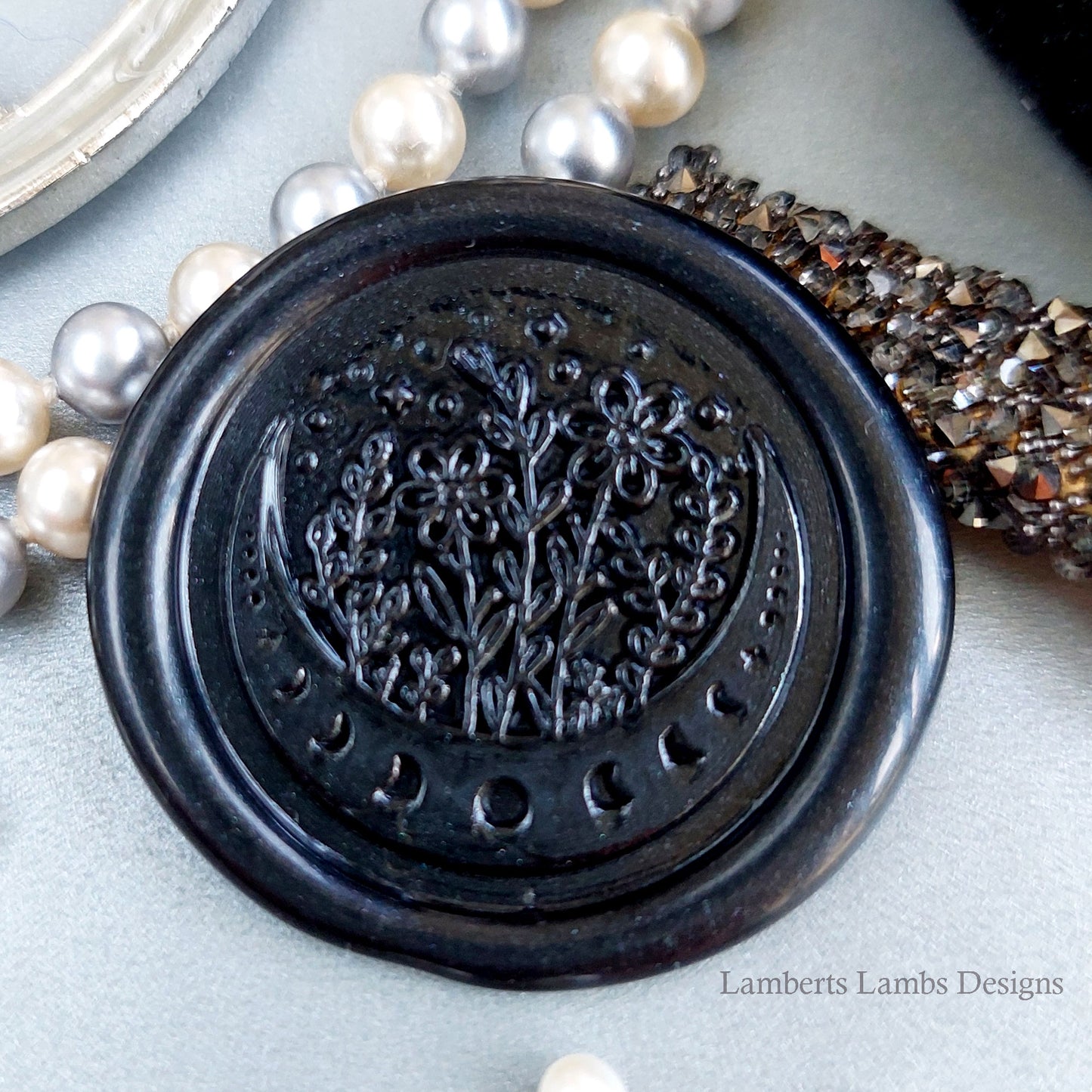 Black wax seal stickers with moon and flowers, Premade wax seals, Self-adhesive wax seal stickers.