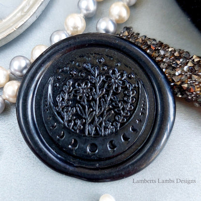 Black wax seal stickers with moon and flowers, Premade wax seals, Self-adhesive wax seal stickers.