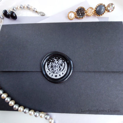 Black wax seal stickers with moon and flowers, Premade wax seals, Self-adhesive wax seal stickers.