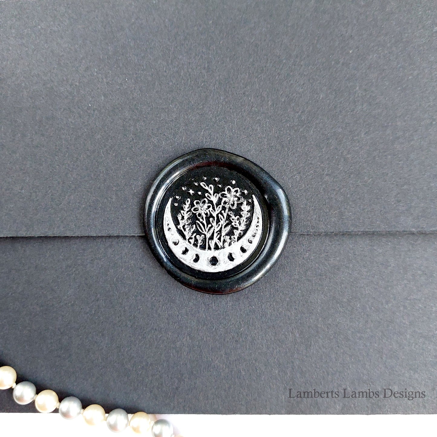 Black wax seal stickers with moon and flowers, Premade wax seals, Self-adhesive wax seal stickers.