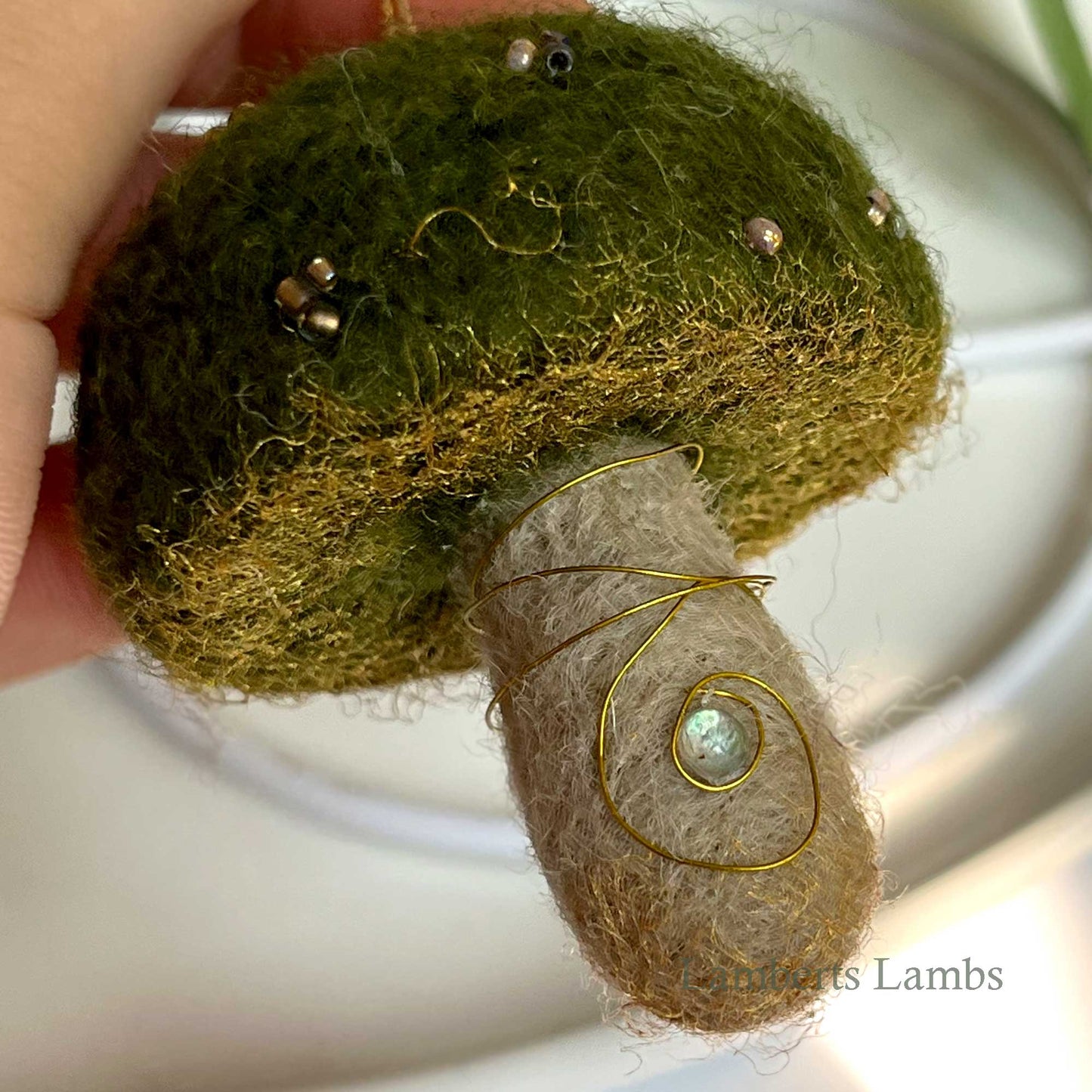 Dark olive green needle felted mushroom, enchanted hanging mushroom bauble