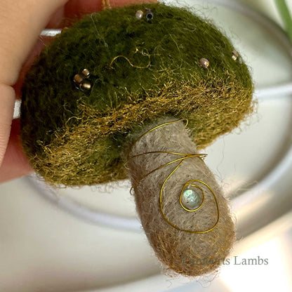 Dark olive green needle felted mushroom, enchanted hanging mushroom bauble