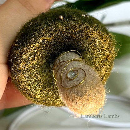 Dark olive green needle felted mushroom, enchanted hanging mushroom bauble