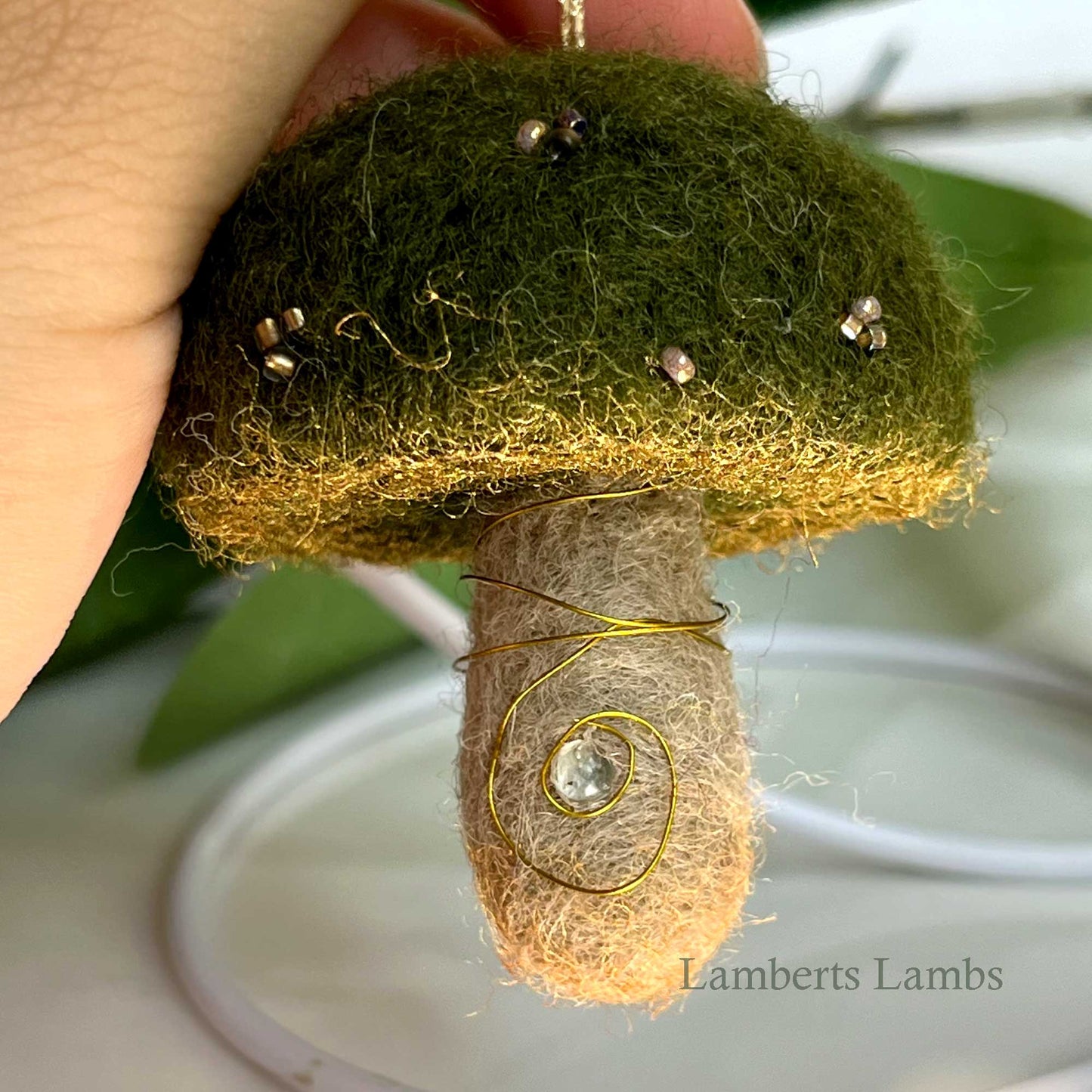 Dark olive green needle felted mushroom, enchanted hanging mushroom bauble