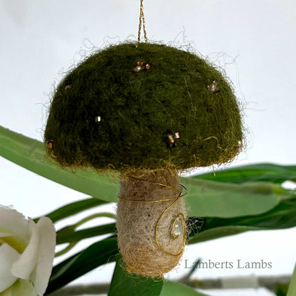 Dark olive green needle felted mushroom, enchanted hanging mushroom bauble