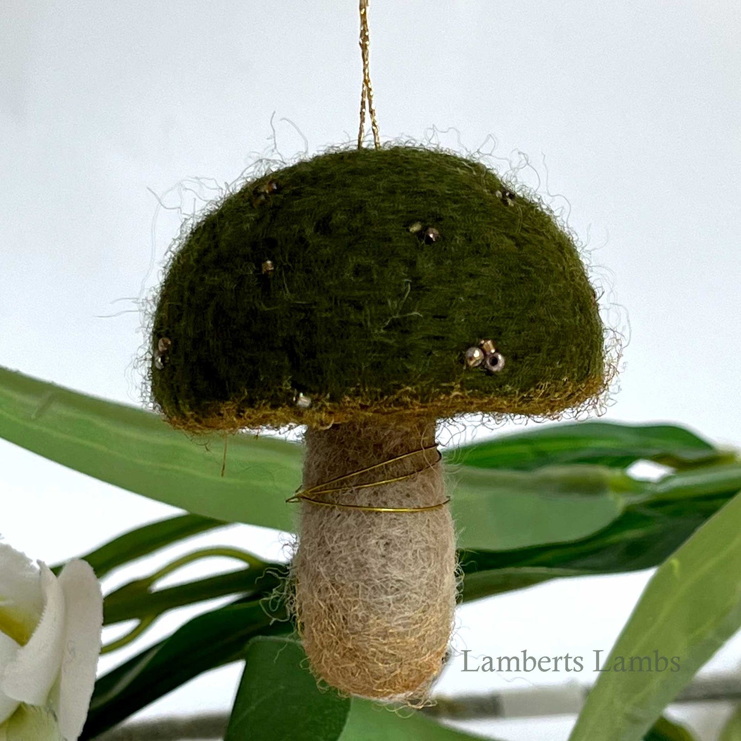 Dark olive green needle felted mushroom, enchanted hanging mushroom bauble