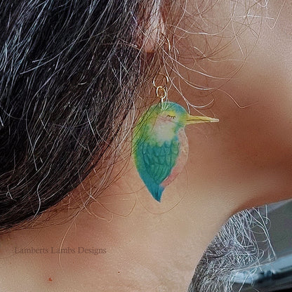 Tropical bird drop earrings, handmade bird hanging earrings