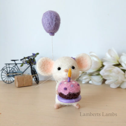 Happy Birthday Small Needle Felted White Mouse