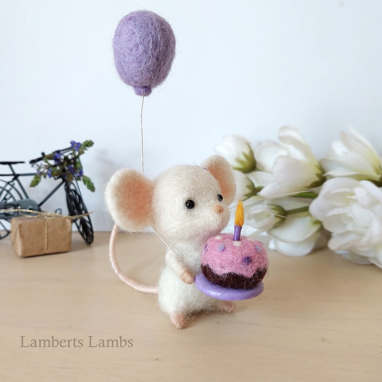 Happy Birthday Small Needle Felted White Mouse