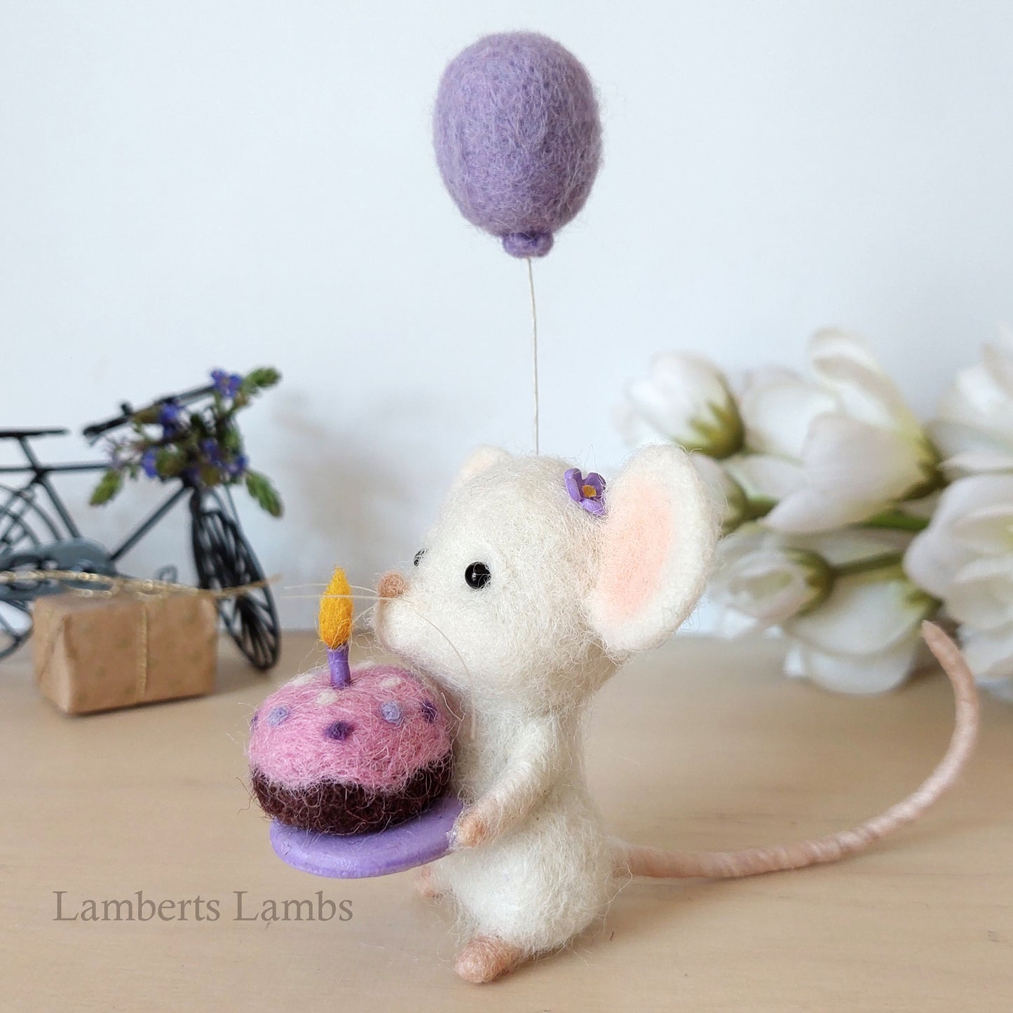 Happy Birthday Small Needle Felted White Mouse