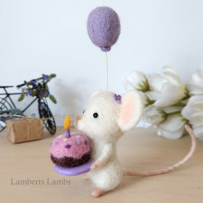 Happy Birthday Small Needle Felted White Mouse