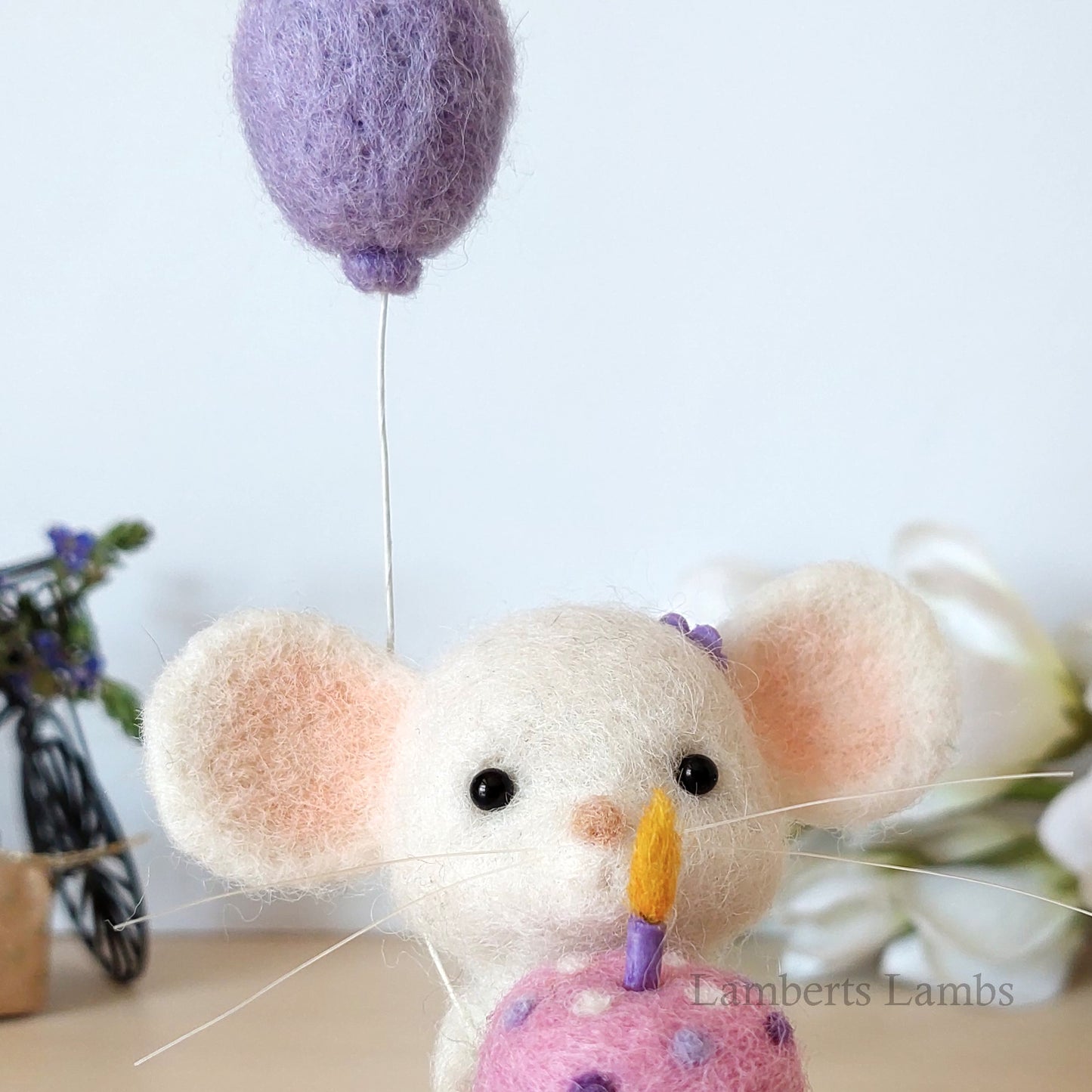 Happy Birthday Small Needle Felted White Mouse