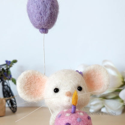 Happy Birthday Small Needle Felted White Mouse