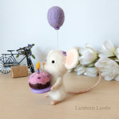 Happy Birthday Small Needle Felted White Mouse
