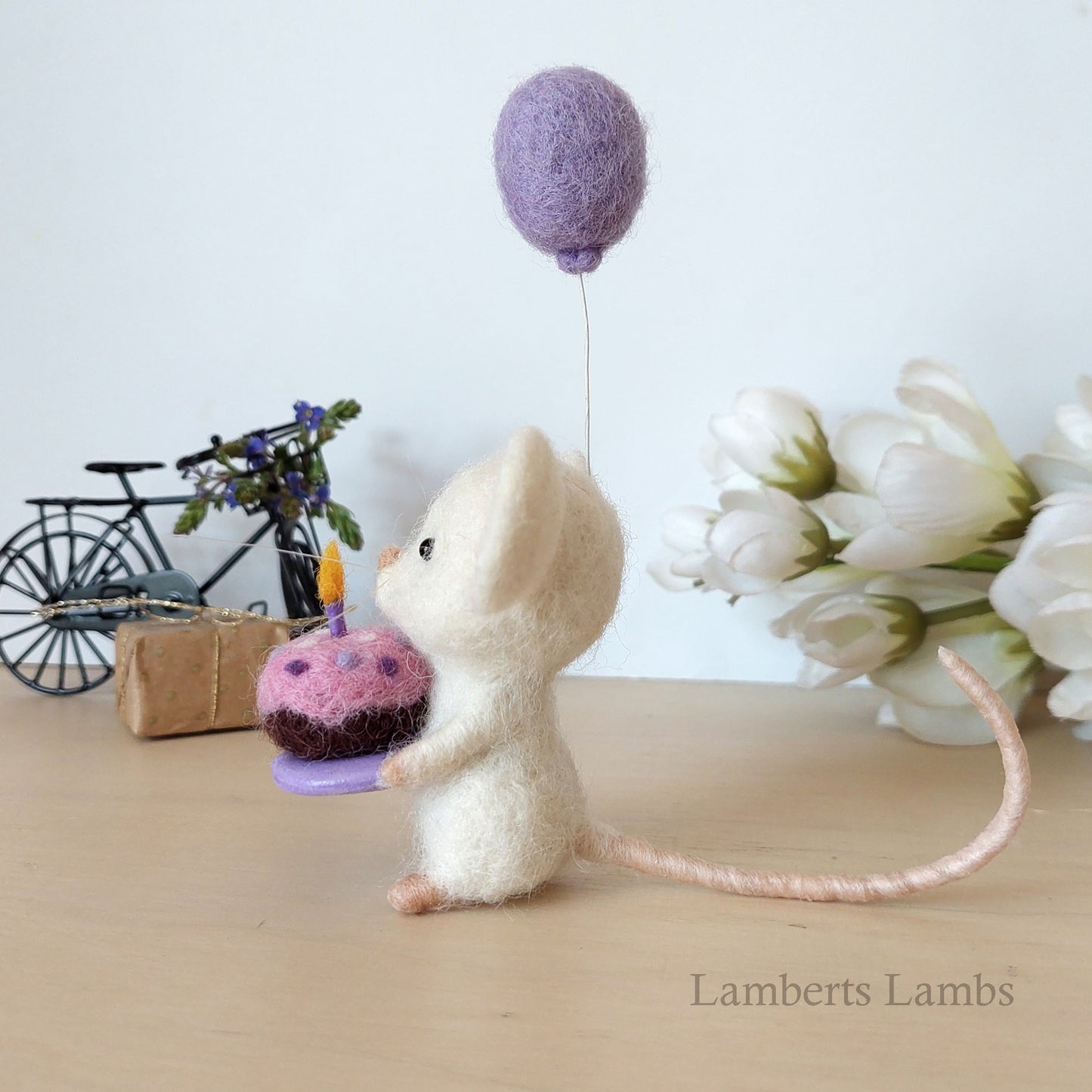 Happy Birthday Small Needle Felted White Mouse
