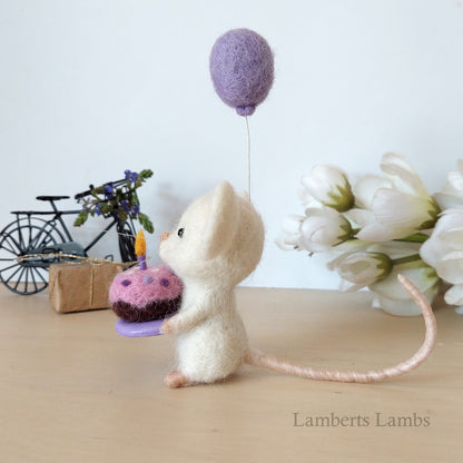 Happy Birthday Small Needle Felted White Mouse