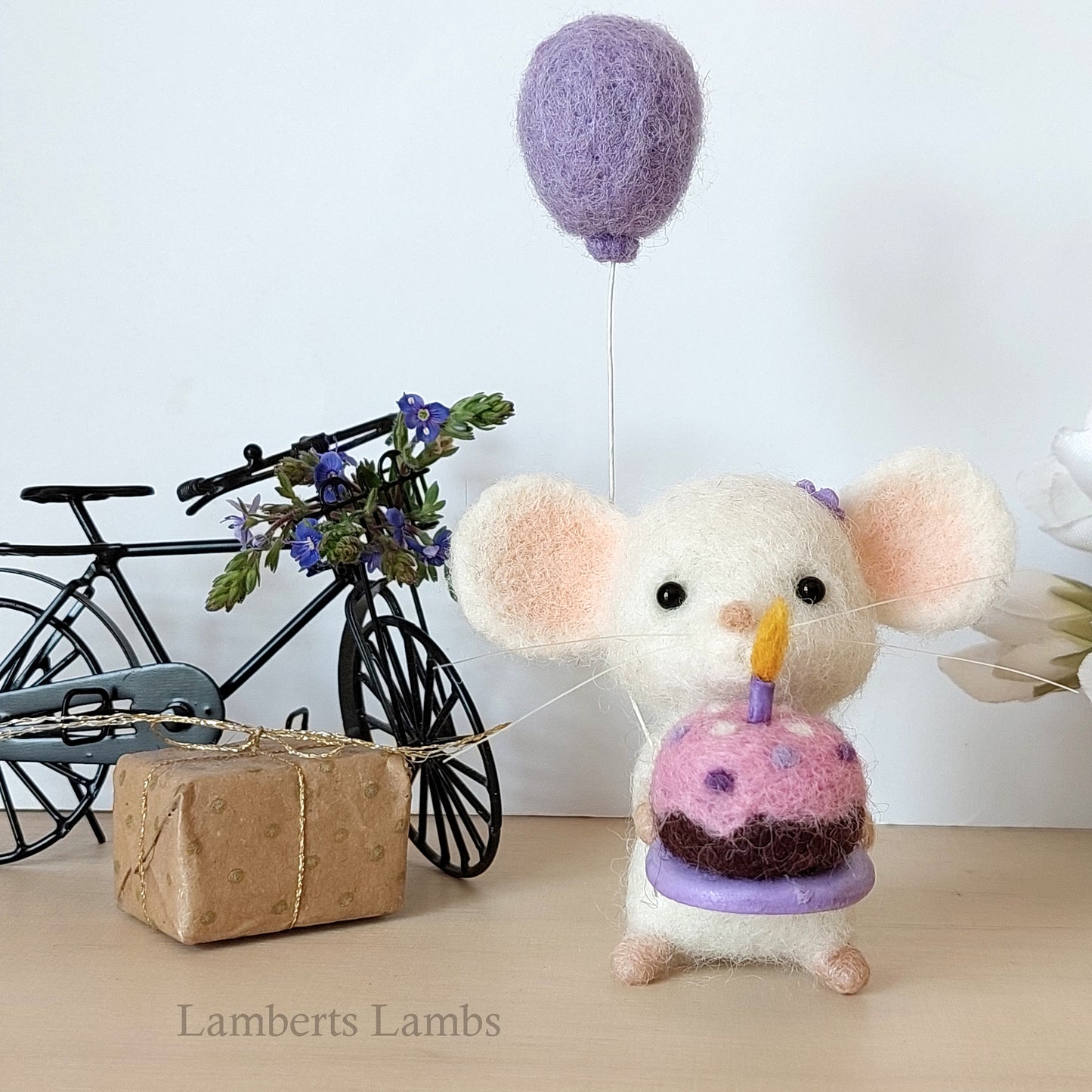 Happy Birthday Small Needle Felted White Mouse