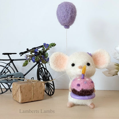 Happy Birthday Small Needle Felted White Mouse