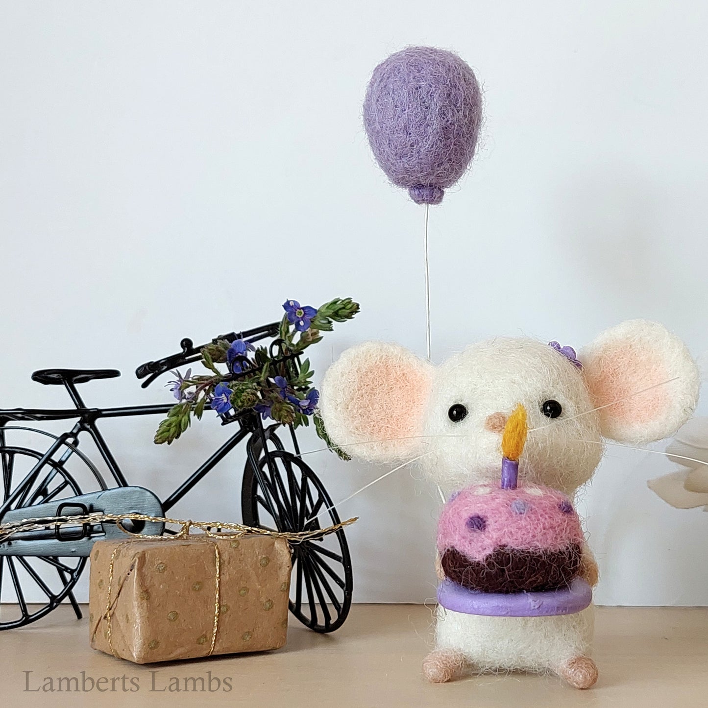 Happy Birthday Small Needle Felted White Mouse