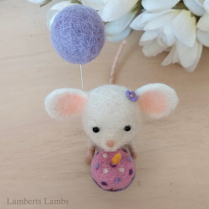 Happy Birthday Small Needle Felted White Mouse
