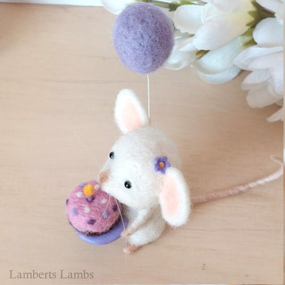 Happy Birthday Small Needle Felted White Mouse