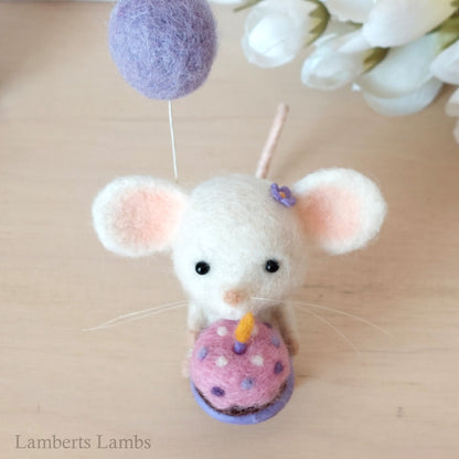 Happy Birthday Small Needle Felted White Mouse