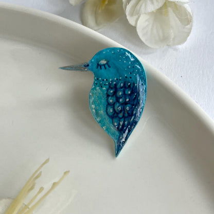 Blue Artsy hand painted light blue, pink and gold bird brooch