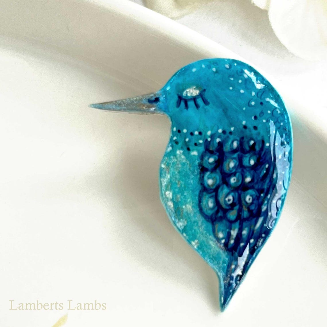 Blue Artsy hand painted light blue, pink and gold bird brooch