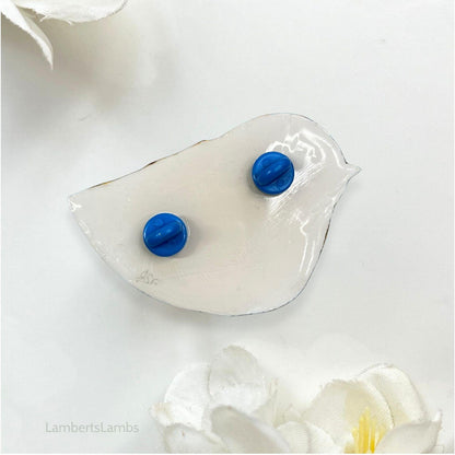 Hand painted bird brooch in blue pink and gold