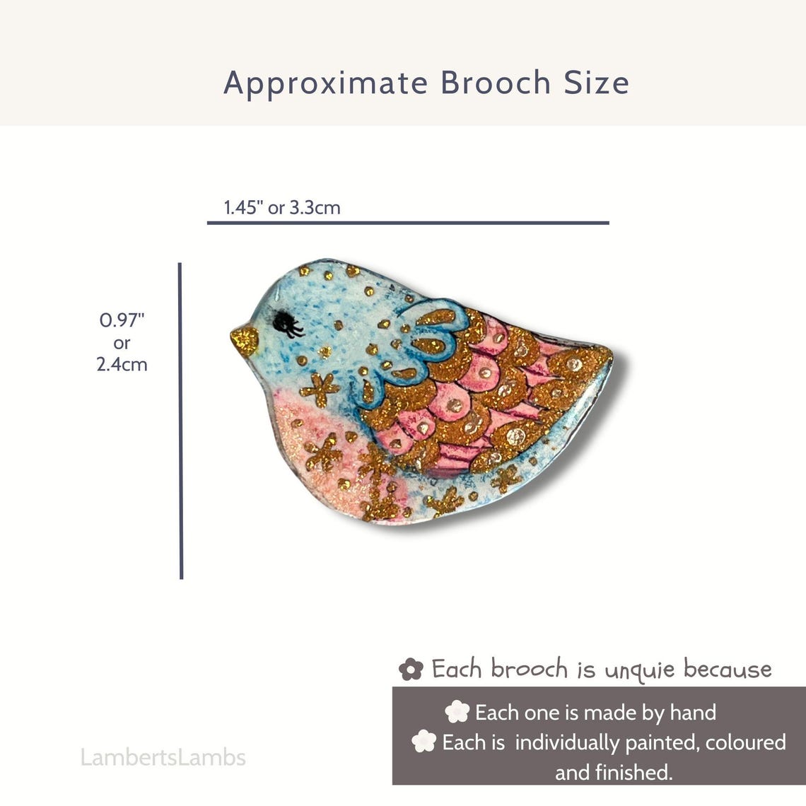 Hand painted bird brooch in blue pink and gold