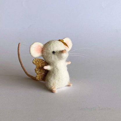 White needle felted mouse angel, cute mouse miniature animal, mouse ornament, mouse figurine
