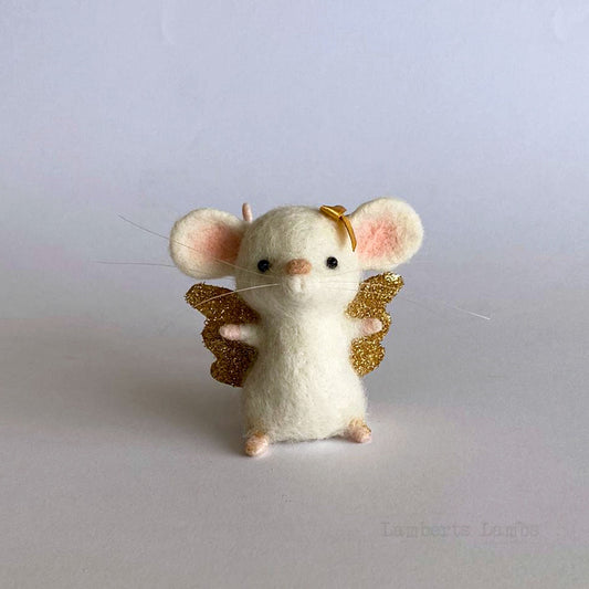 White needle felted mouse angel, cute mouse miniature animal, mouse ornament, mouse figurine