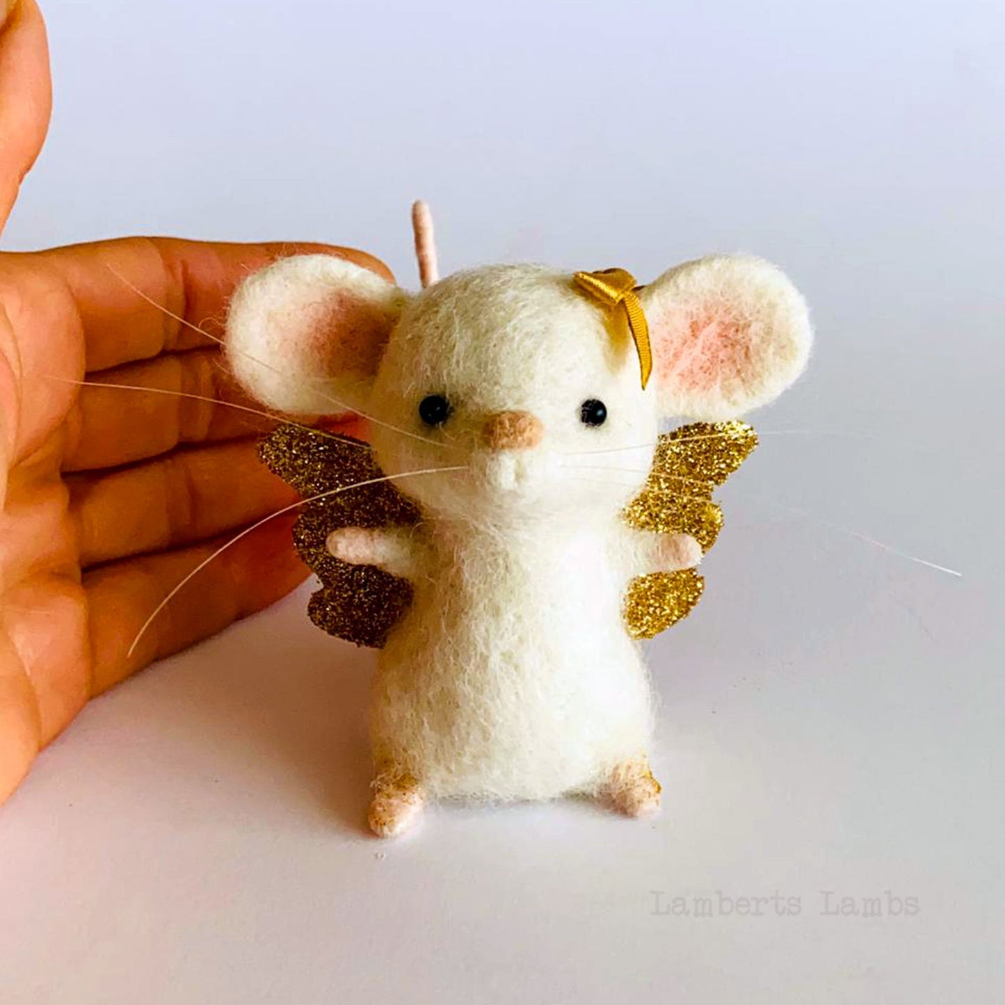 White needle felted mouse angel, cute mouse miniature animal, mouse ornament, mouse figurine