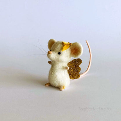 White needle felted mouse angel, cute mouse miniature animal, mouse ornament, mouse figurine