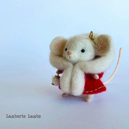 White needle felted Christmas mouse  in a red hooded cape Handmade wool mouse