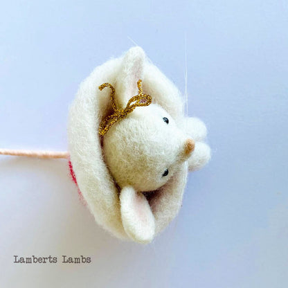 White needle felted Christmas mouse  in a red hooded cape Handmade wool mouse