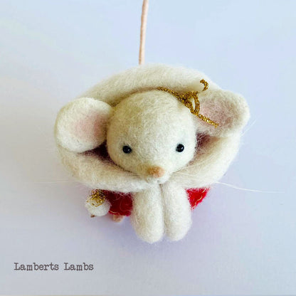 White needle felted Christmas mouse  in a red hooded cape Handmade wool mouse