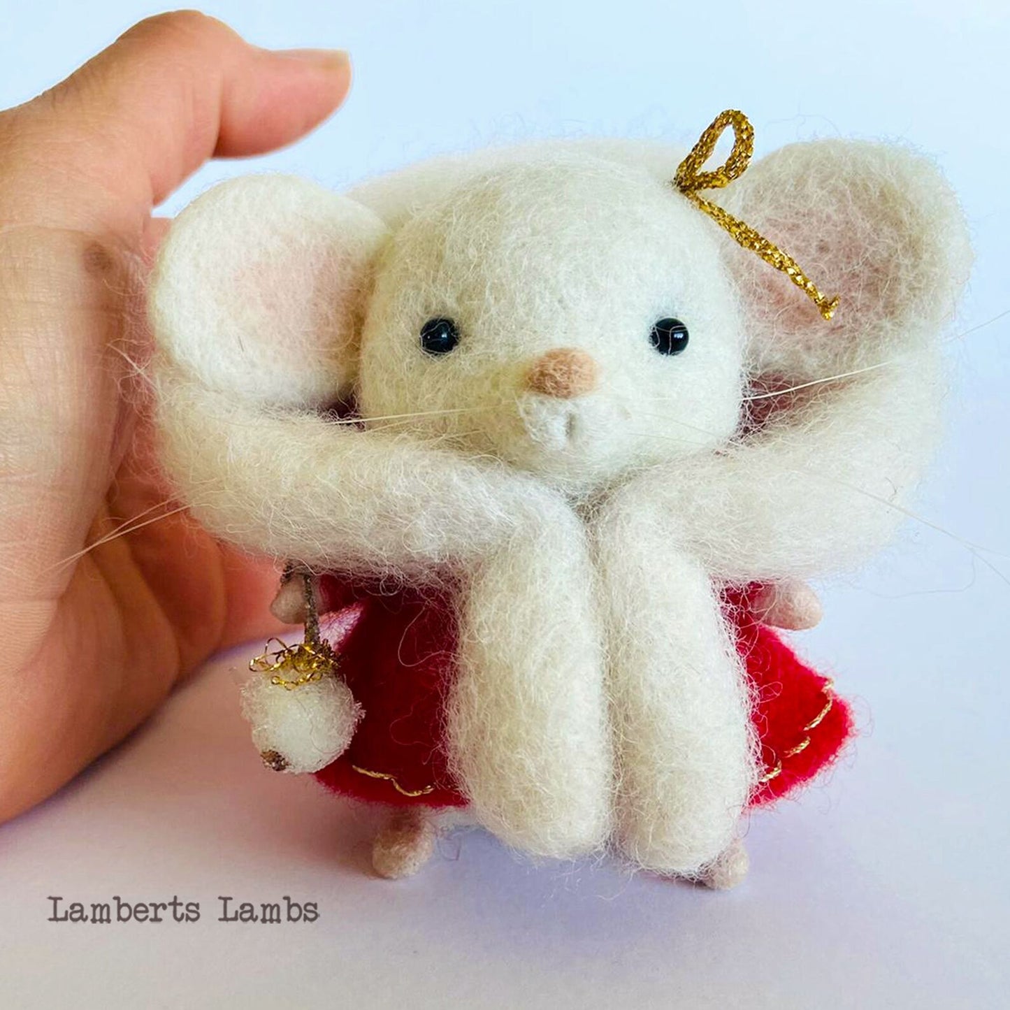 White needle felted Christmas mouse  in a red hooded cape Handmade wool mouse