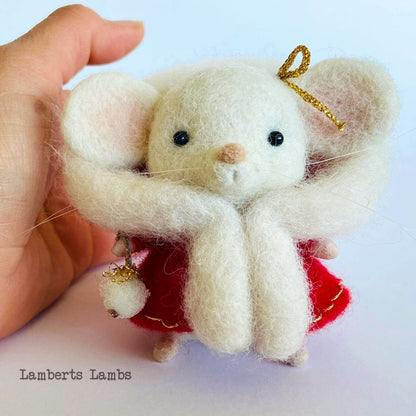 White needle felted Christmas mouse  in a red hooded cape Handmade wool mouse