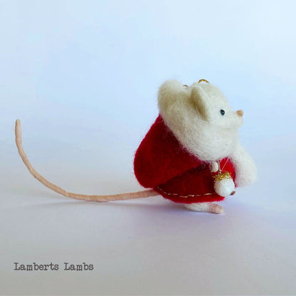 White needle felted Christmas mouse  in a red hooded cape Handmade wool mouse