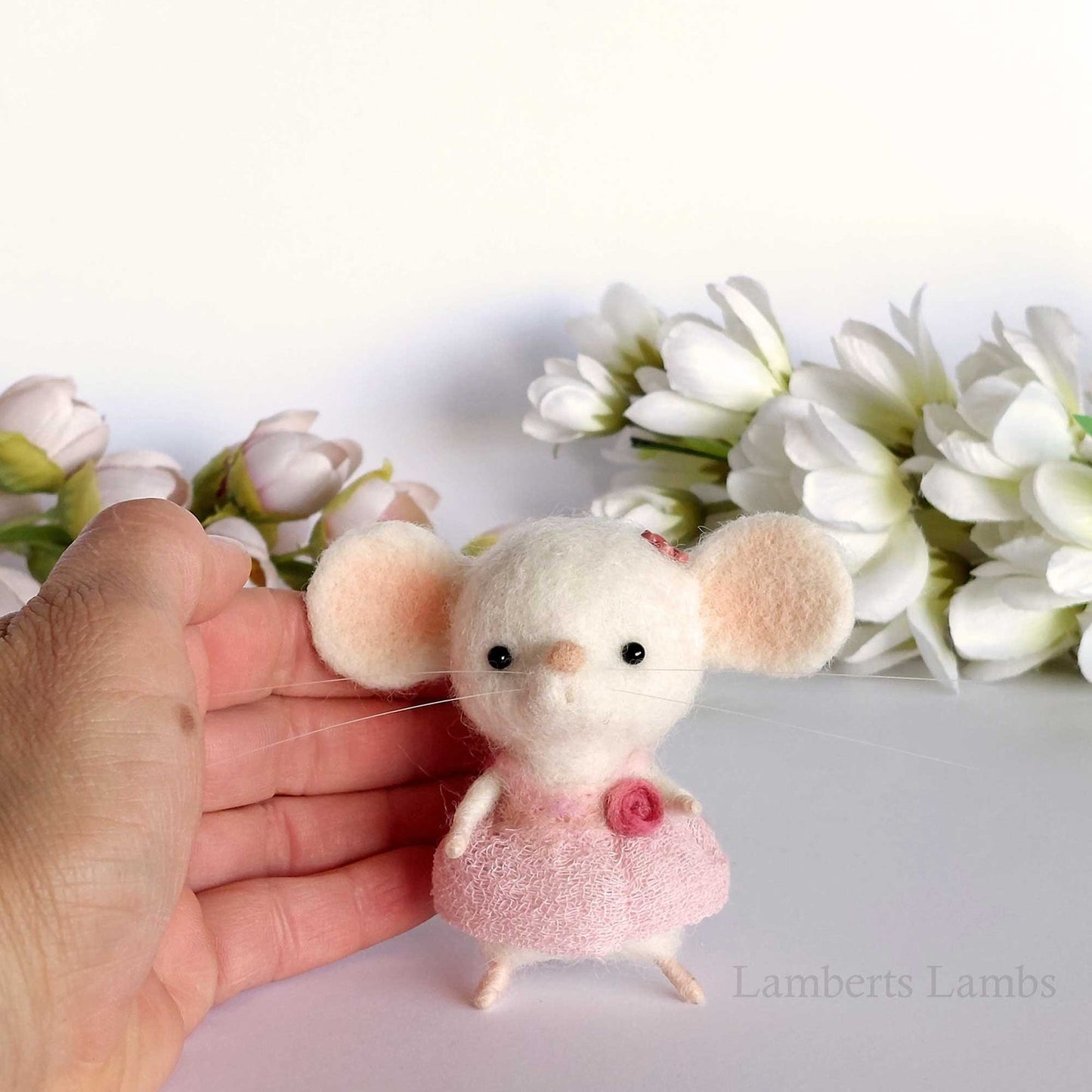 Needle Felted White Mouse in a dust pink dress. Needle felted miniature animal