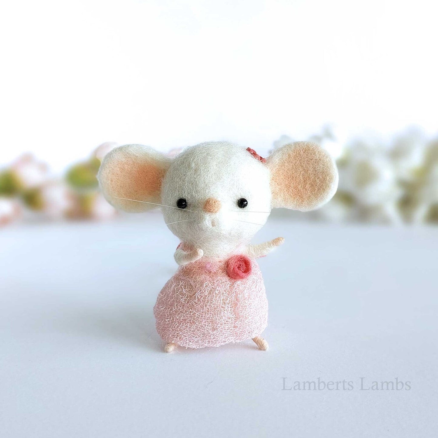 Needle Felted White Mouse in a dust pink dress. Needle felted miniature animal
